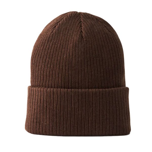 A cozy winter beanie cap with a thick knit design, featuring a fold-over brim and a soft, warm fabric perfect for cold weather.