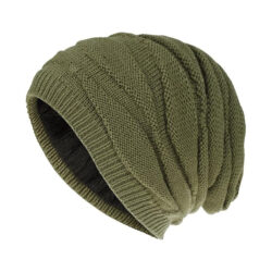 A cozy winter beanie cap with a thick knit design, featuring a fold-over brim and a soft, warm fabric perfect for cold weather.