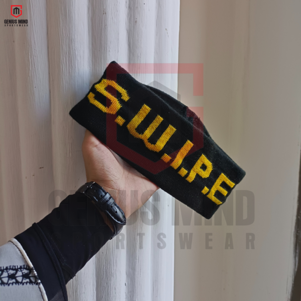 Custom embroidered headbands showcasing personalized designs, perfect for sports, fashion, or promotional events.